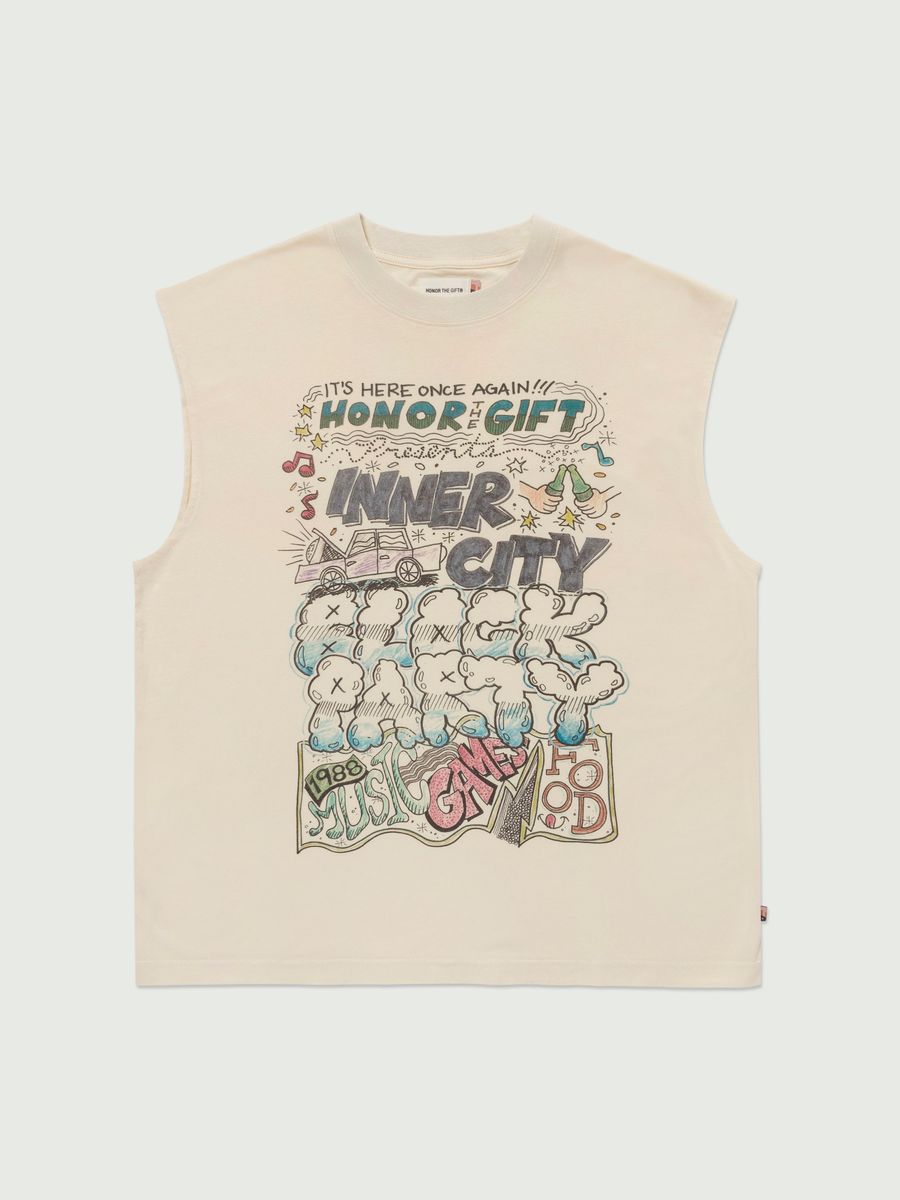 MEN - SHORT SLEEVE TEE BLOCK PARTY CUT OFF WHITE - HTG