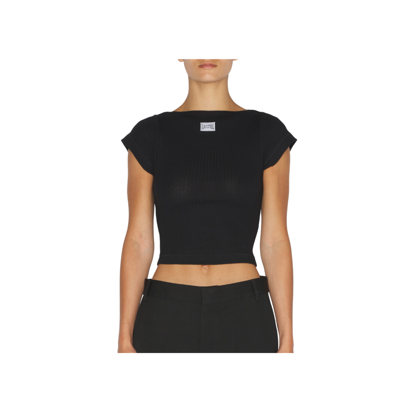 WOMEN -CROP BABY TEE WITH "GAULTIER" PATCH BLACK - JPG