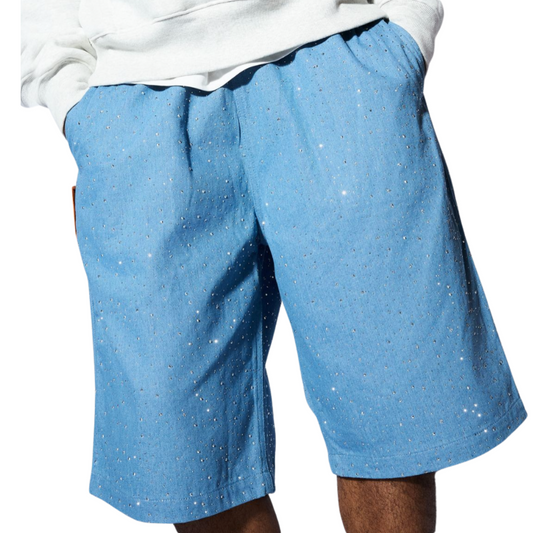 MEN -GLITTER BAGGY DENIM SHORTS- PLEASURES - Bleu